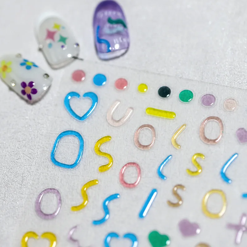 5D Jelly Line Letter Heart Cartoon Nail Stickers Colorful Relief Geometry Press On Nails Decals Decoration DIY Adhesive Sliders#