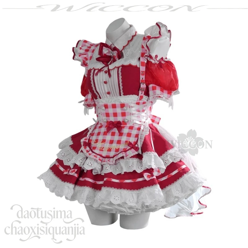 Red Heart Plaid Cat Maid Cosplay Anime Japanese Jirai Kei Gyaru Decora Styles Fashion Kawaii Dress Cute Lovely Sweet Lolita Cos - view 3