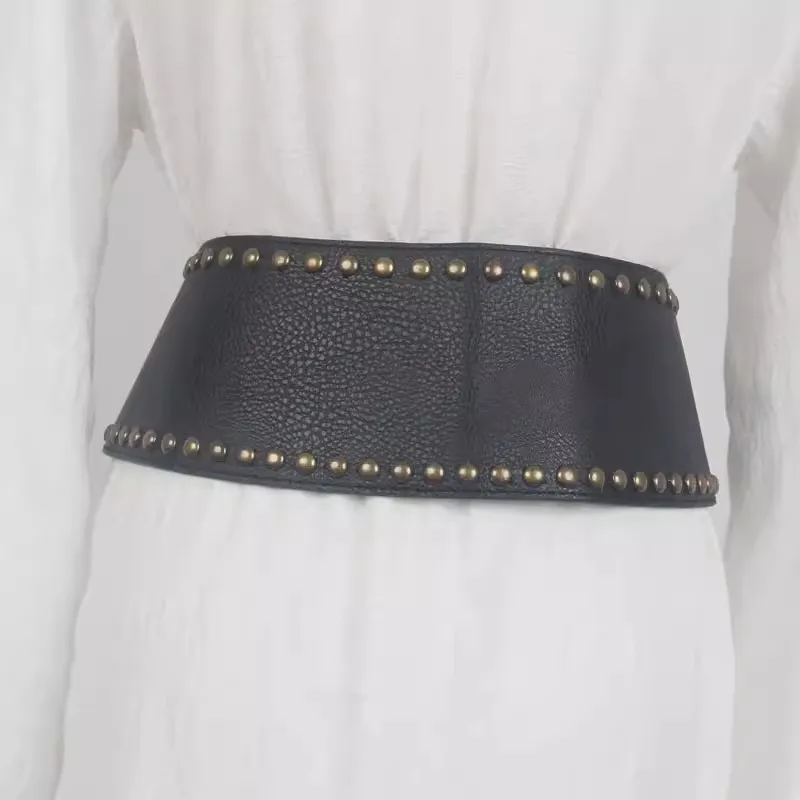 PU Leather Rivet Punk Espartilho Elástico para Mulheres, Feminino Cummerbund, Casaco Cintura, Decoração de Vestido, Cinto Largo, J396