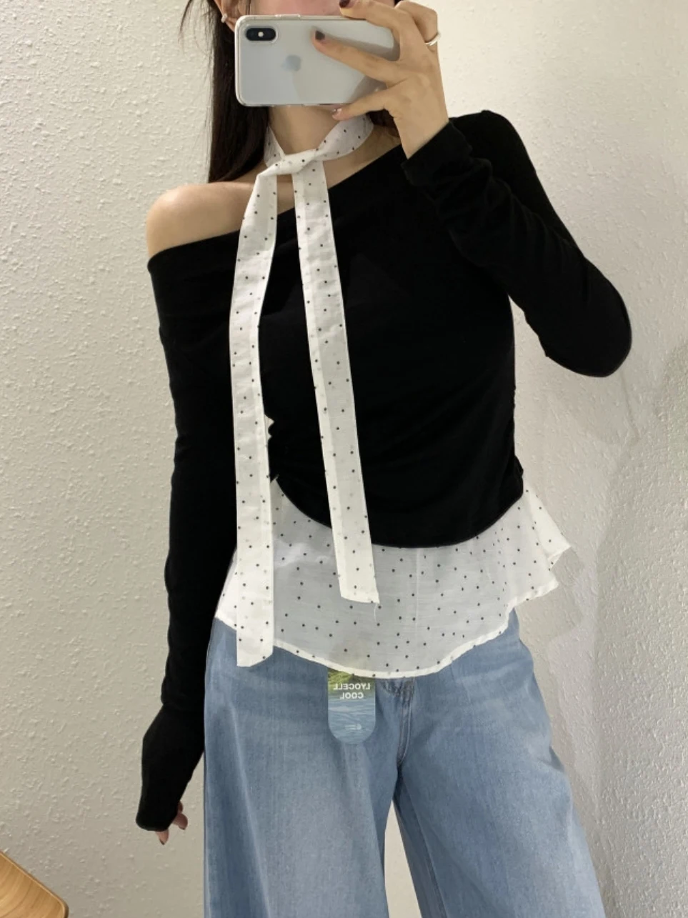

Ранняя осень, футболка в горошек, женская длинная футболка Sve oulder Bared Slim Fit Base irt, корейский Sle, повседневная мода