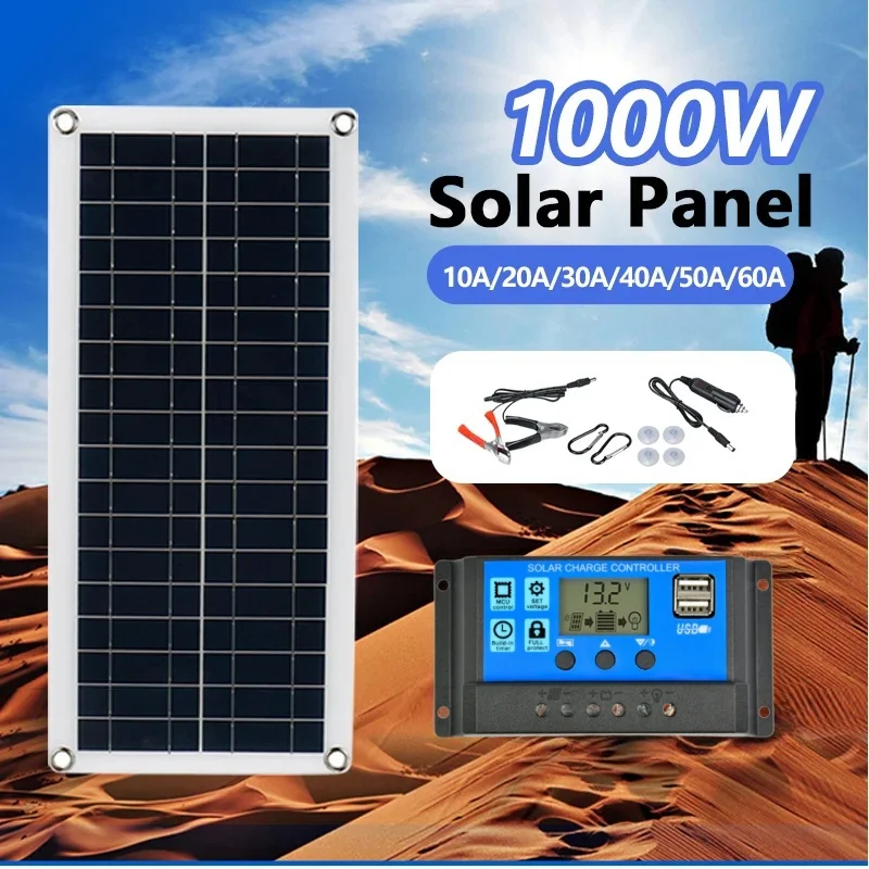 

1000W Solar Panel 12V Solar Cell 10A-100A Controller Solar Panel for Phone RV Car MP3 PAD Charger Outdoor Battery Supply