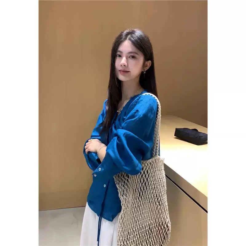 Recomendado 2025 primavera novo retro v-ne tissah seda dstring design longo sve feminino irt confortável solto commute sle