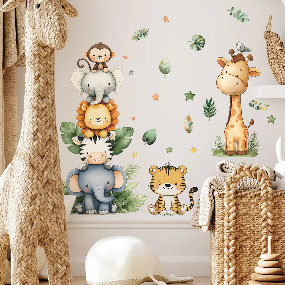 

Cartoon Jungle Animal Wall Stickers Home Decoration Removable Decals For Kids Room, Nursery Decor Giraffe Elephant Wall Art