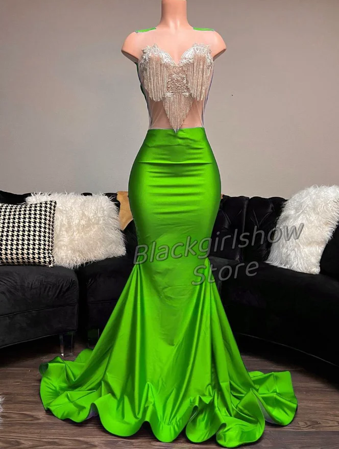 Sparkling Shiny Fruit Green Long Prom Dress 2024 For Women Luxury Tassel Crystal Rhinestone Birthday Party فساتين سهرة