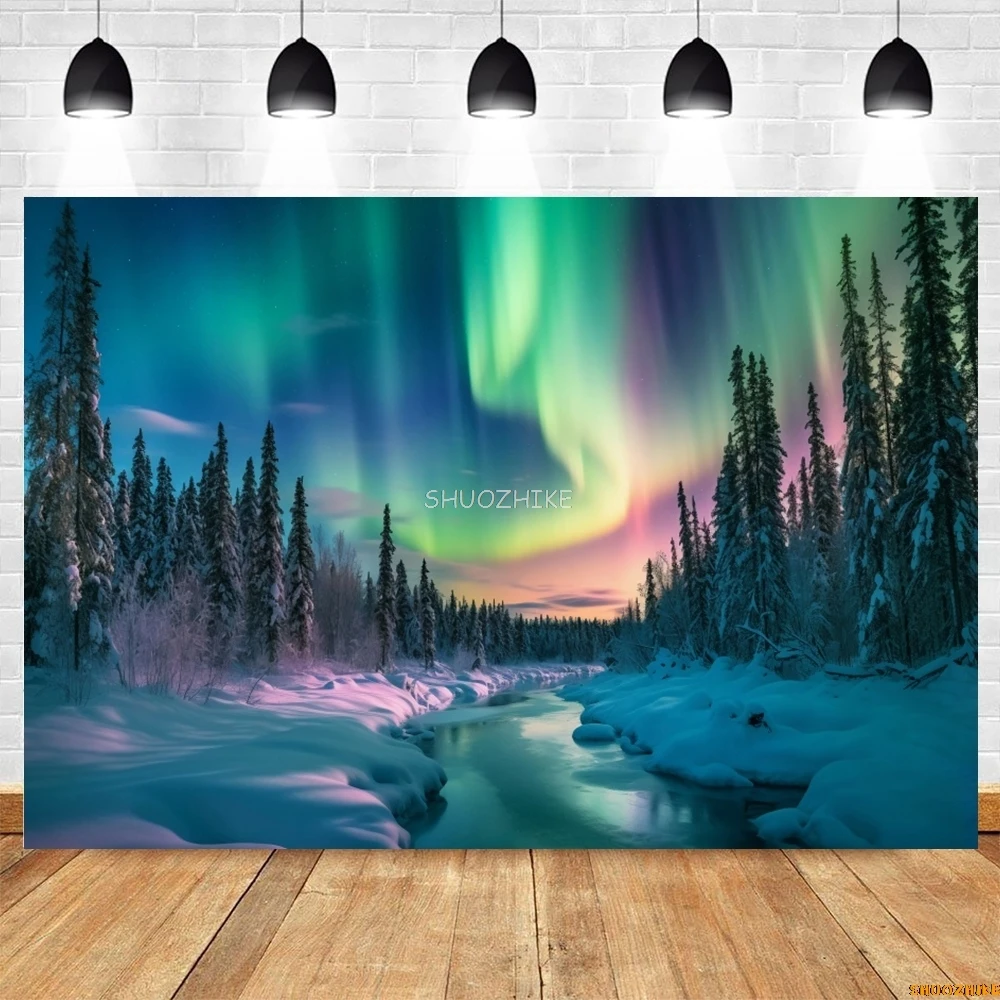 Inverno Aurora Notte Scena naturale Sfondo Arctico Neve con cappuccio Montagne Lago Cielo stellato Paesaggio Sfondo Puntelli per fotografia