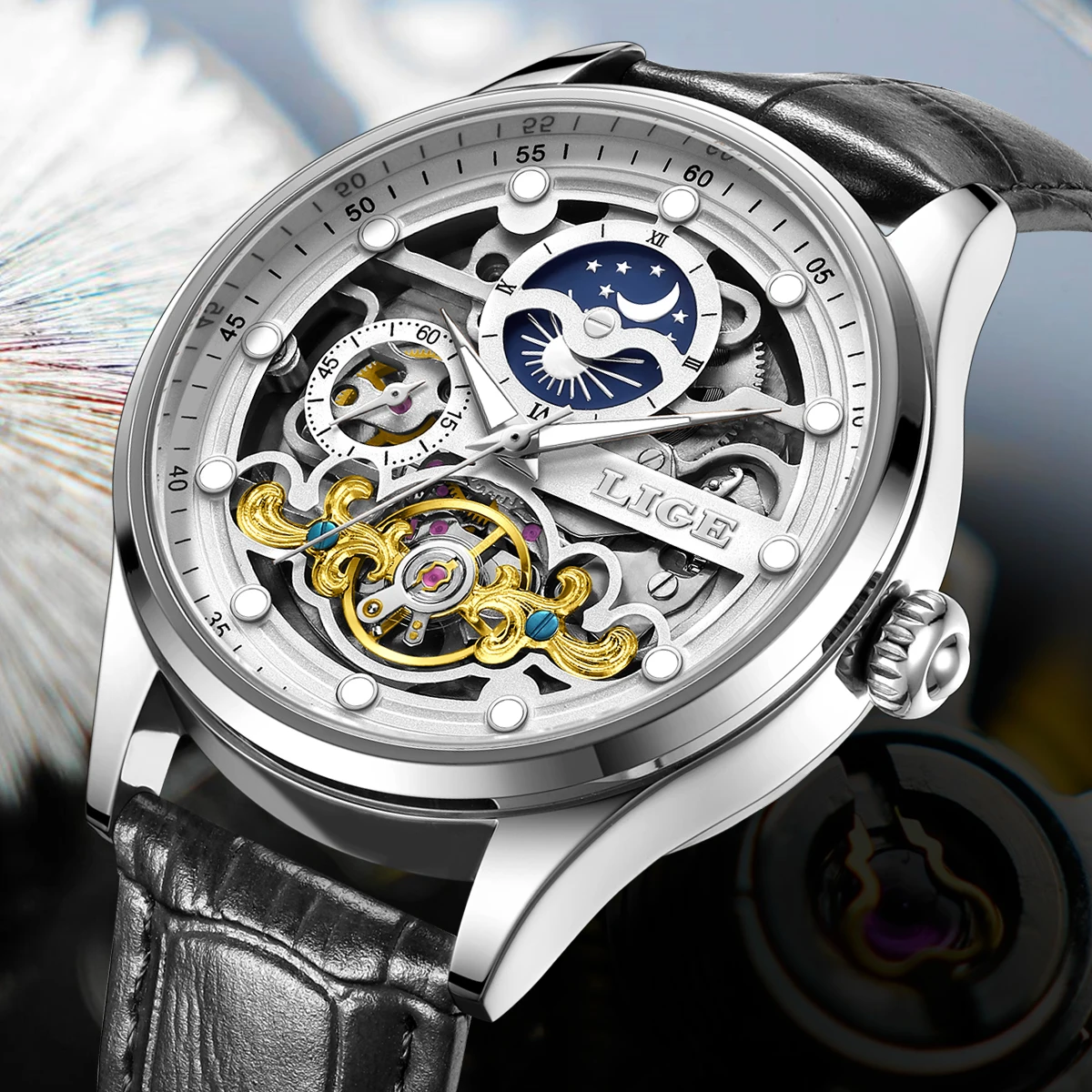 

Новые механические автоматические часы LIGE с турбийоном для мужчин, спортивные часы, повседневные деловые наручные часы с индикатором фаз Луны, Relojes Hombre