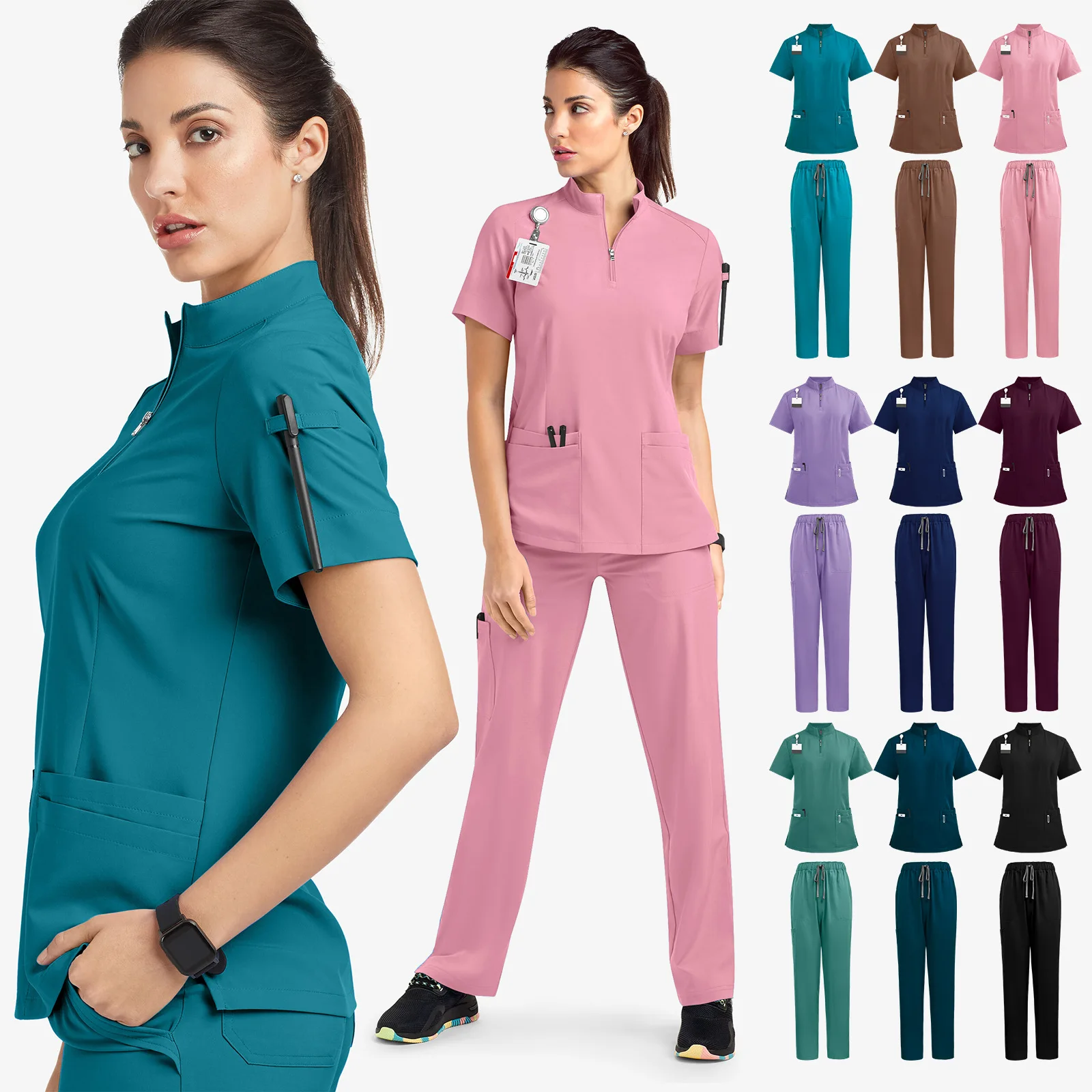 Washing Clothes Female Summer Operating Clothes Casual Stand Collar Zipper Top Beauty Salon Medico Nurse Uniform short sleeve