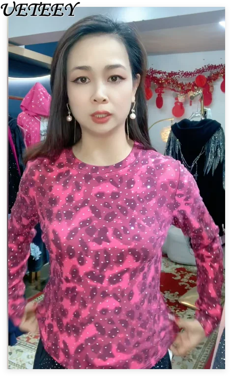 

Autumn Winter New Thickened Brushed Bottoming Shirt Hot Drilling Sexy Leopard Print Tight Long Sleeve Leopard Print Tshirt Women