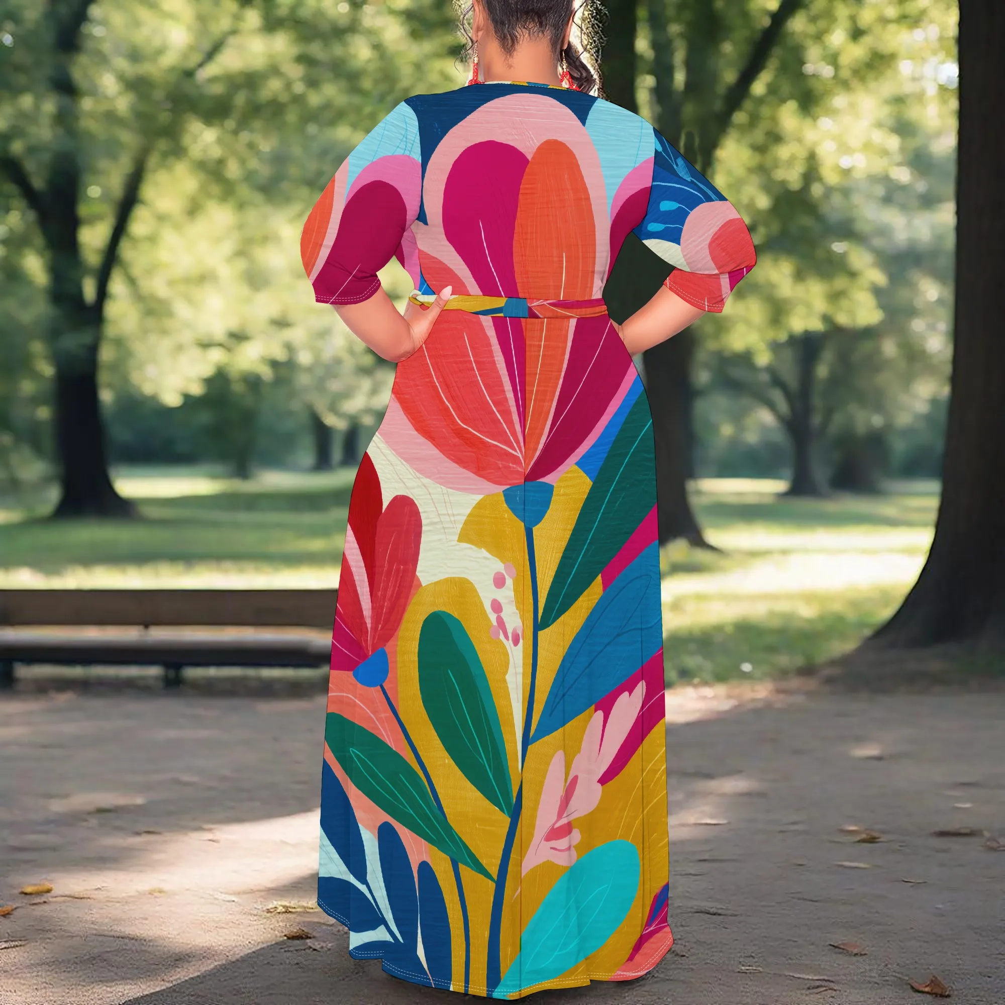 Colorful Floral Wrap Dress XL-6XL V-Neck 3/4 Sleeve Belted Maxi Style for Art Festival, Garden Party or Pride Celebration Look