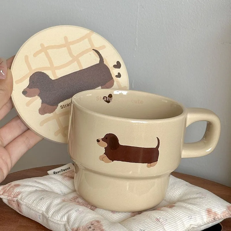 Cute Puppy Cartoon Cup with Coaster, Cute Dachshund Cup Mat Ceramic Mug, Water cup, Breakfast Milk Mug Creative Christmas Gift