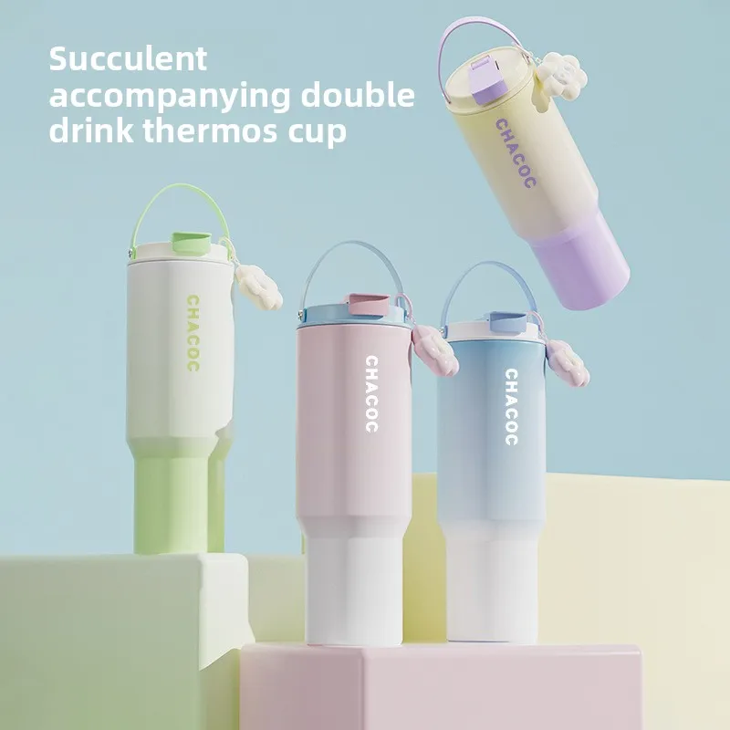 

600ML High-value Teacup Large-capacity Girls' Simple Water Cup Student Stainless Steel with Straw Thermos Cup Water Bottle