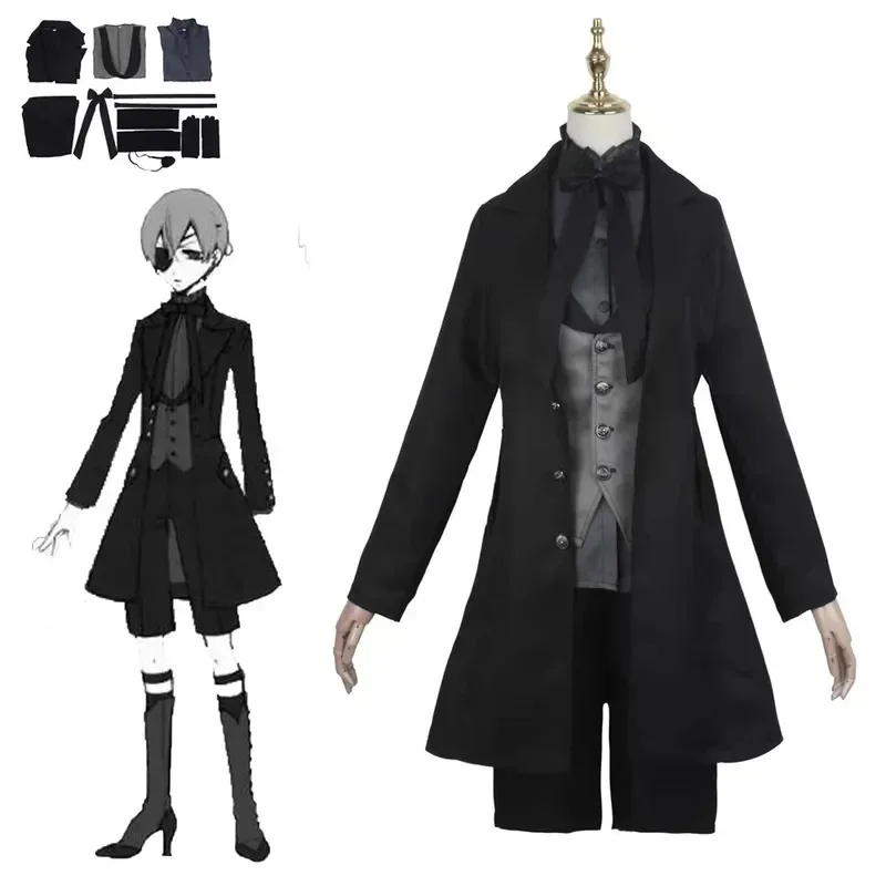 Anime Black Butler Ciel Phantomhive Sebas disfraces Cosplay Aldult hombre mujer chaqueta chaleco abrigo pantalones Halloween diablo UniformN25