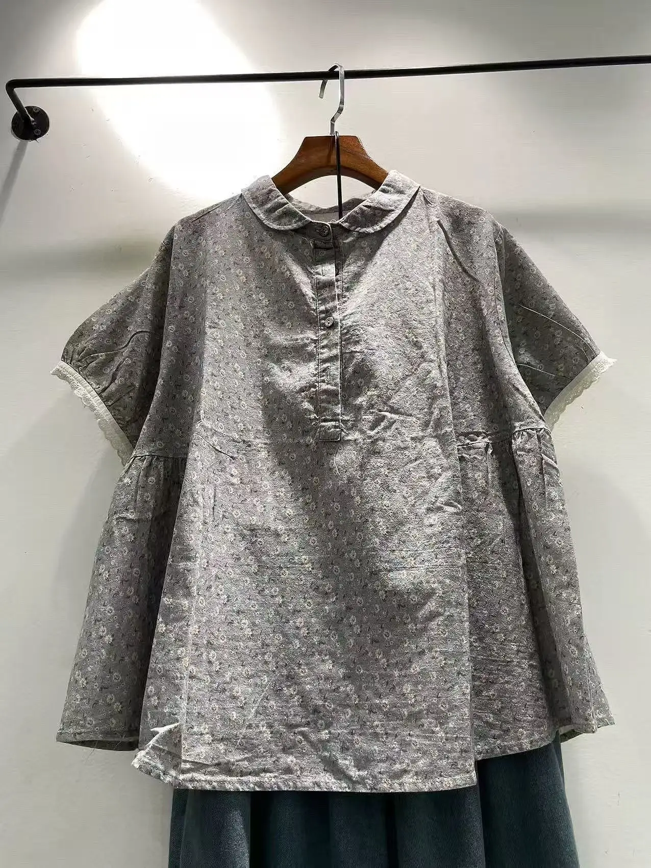 Bust 118cm Mori Kei Clothing Japanese Style Cotton Gray Print Shirts for Women Summer Cotton Peter Pan Collar Blouses