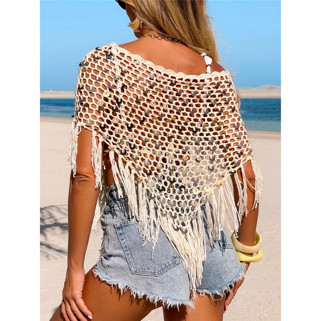 XS - XL Quasten Pailletten Einfarbige Häkel- und Strick-Tunika Strand-Überwurf Strandtop Strandkleidung Damen V8287 – Detail 10