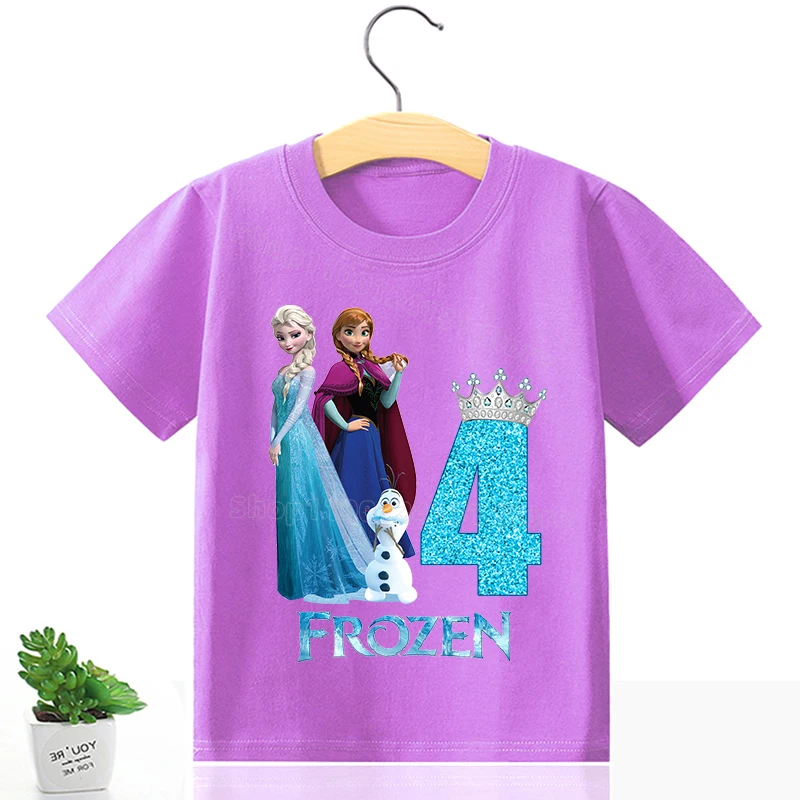 Disney Frozen Birthday Clothing for Girls Princess Number T Shirt Anna Elsa Pattern T-shirt Baby Girl Tee Tops Cartoon Clothes