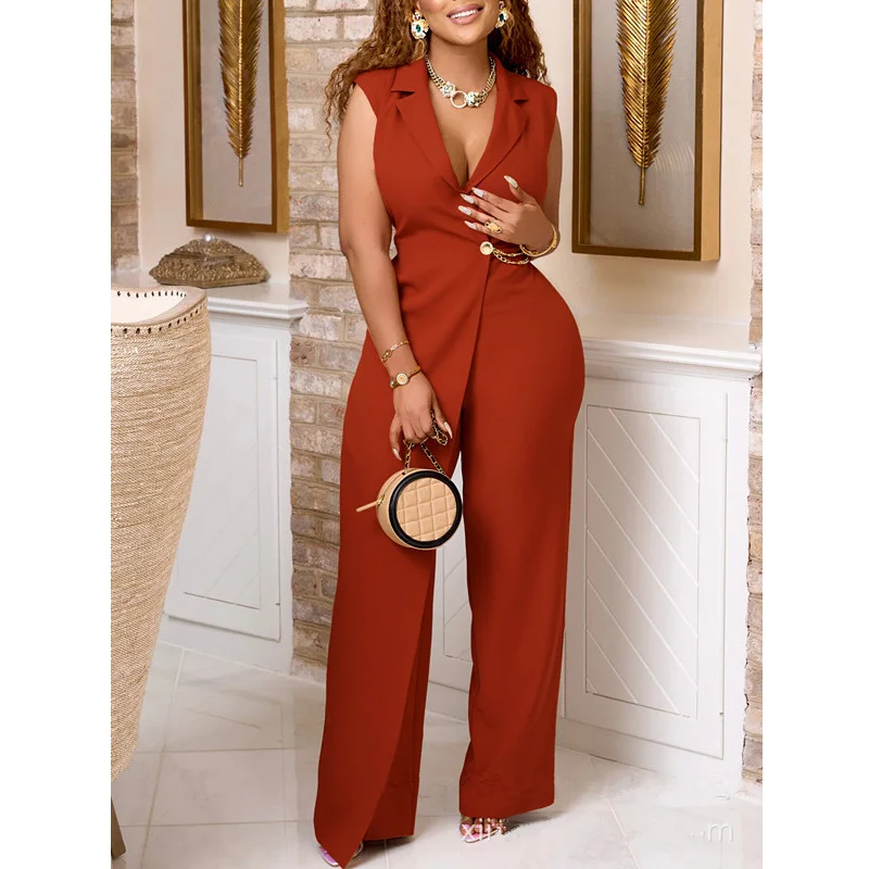 

Elegant African Fashion Woman Jumpsuits New Turn Down Collar Sleeveless High Waisted V Neck Straight Female Overalls