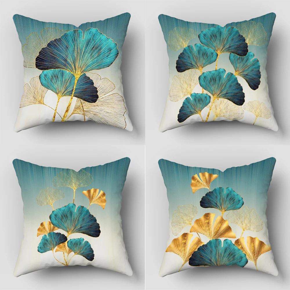 1pc ginkgo leaf Teal Gold Pillow Cushion Cover Square Soft Polyester Plant Leaves Ginkgo Biloba Throw Pillowcase