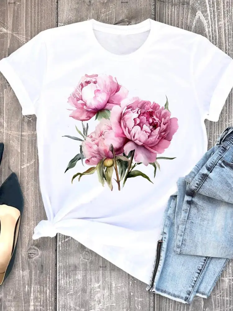 꽃 수채화 90 년대 귀여운 트렌드 여성 그래픽 티셔츠, 반팔, 여성 패션 프린트 셔츠, 티 의류