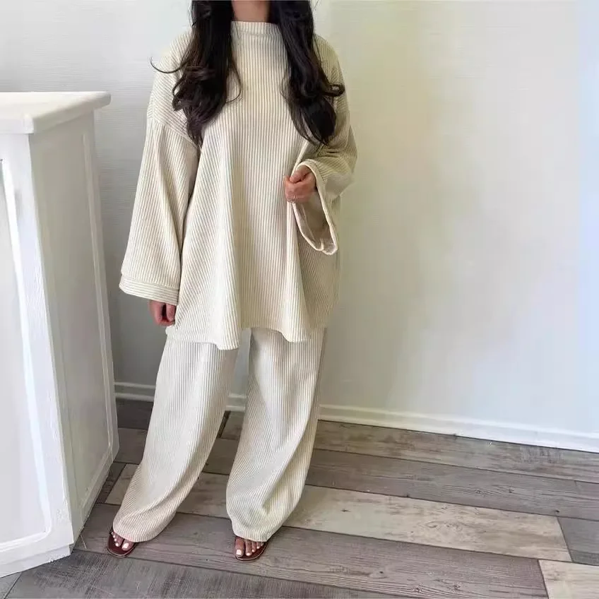 

UltraCorduroy Set RichSolidColor Crewneck LuxeStyle Set LongSleeve WideLeg Trousers Set CozyCasual AutumnWear Matching Sets