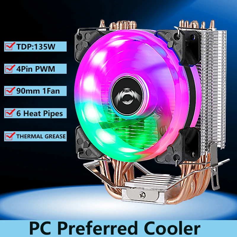 QIUzAim PC Cooling PWM Fan Tower Radiator 6 Heat Pipe CPU Processor Installing LGA775 115x 1200 1700 1366 i3 i5 2011 x79 x99 AMD