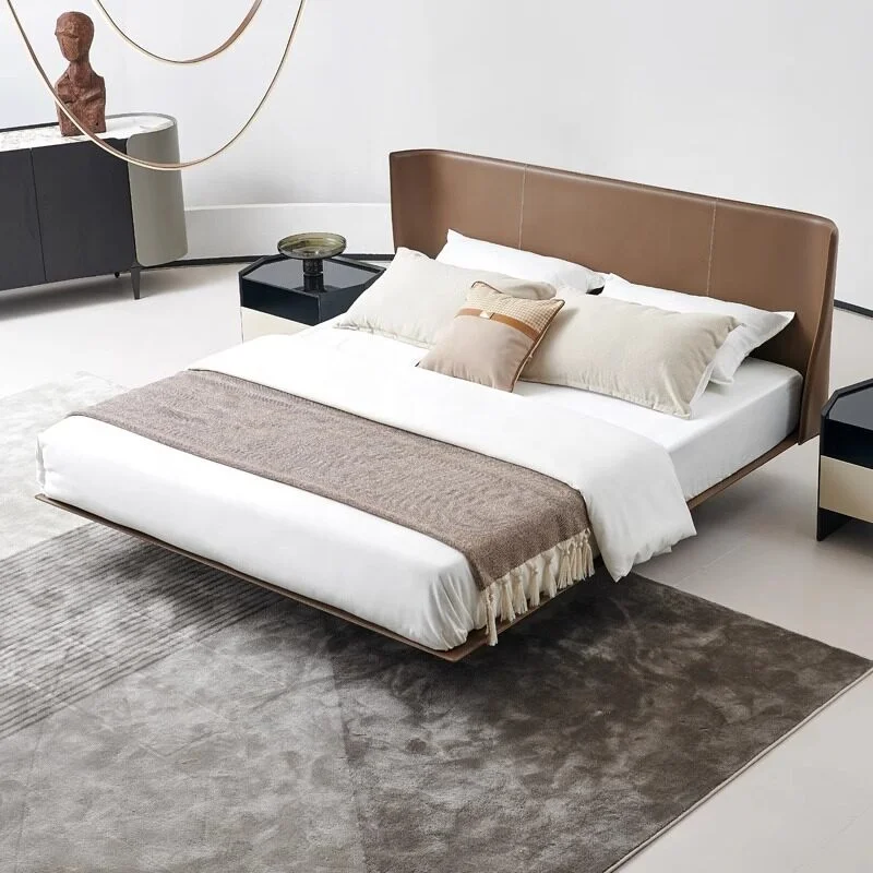 #Texture Leather Series Alice Leather Bed Modern Minimalist Floating Bed Black Double Bed For Master Bedroom