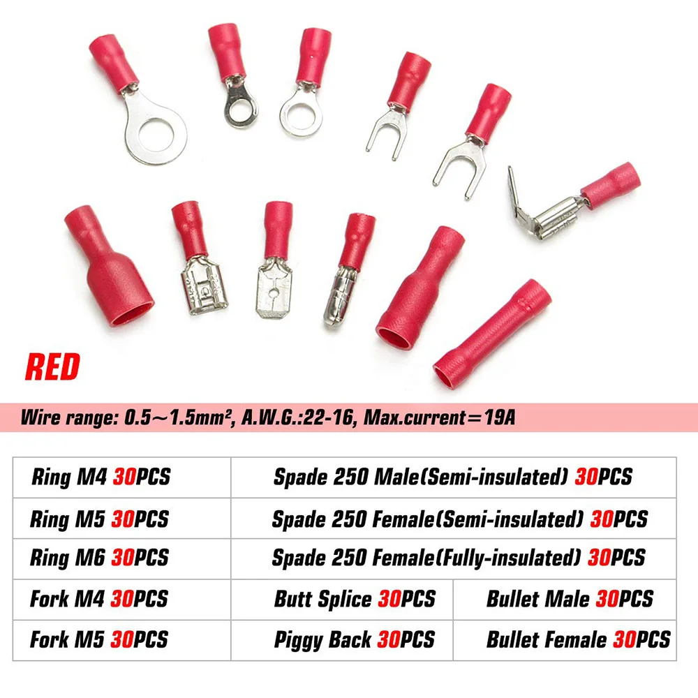 

840PCS Lnsulated Cable Connector Electrical Wire Assorted Crimp Spade Butt Ring Fork Set Ring Lugs Rolled Terminals Kit