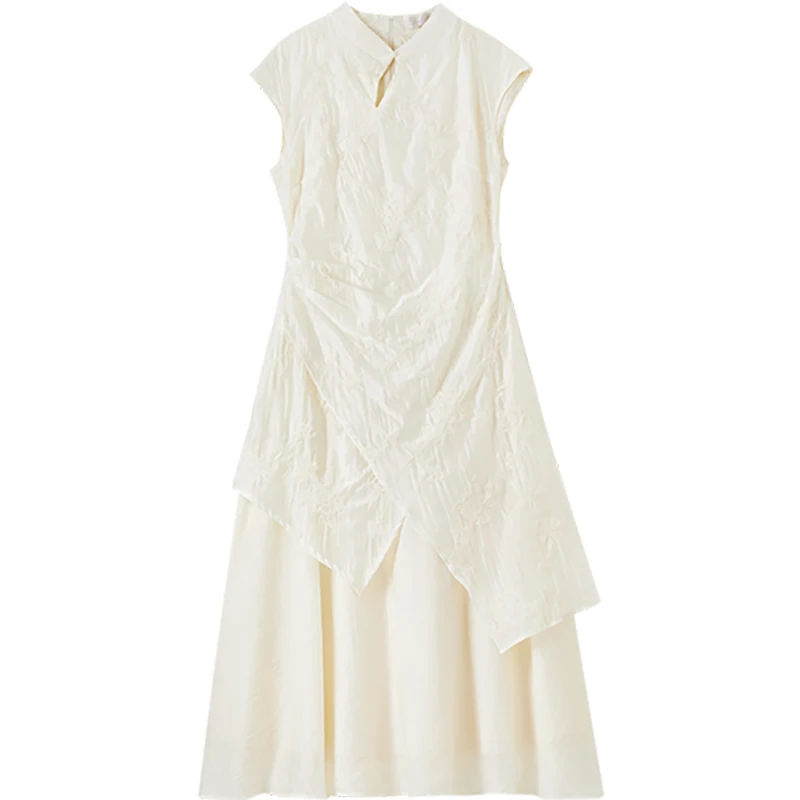 SENTUBILA Apricot Long Elegant Woman Dress 2025 Summer Chinese Style Patchwork 2 In 1 Stand Elegant Female Dresses T52LI2346