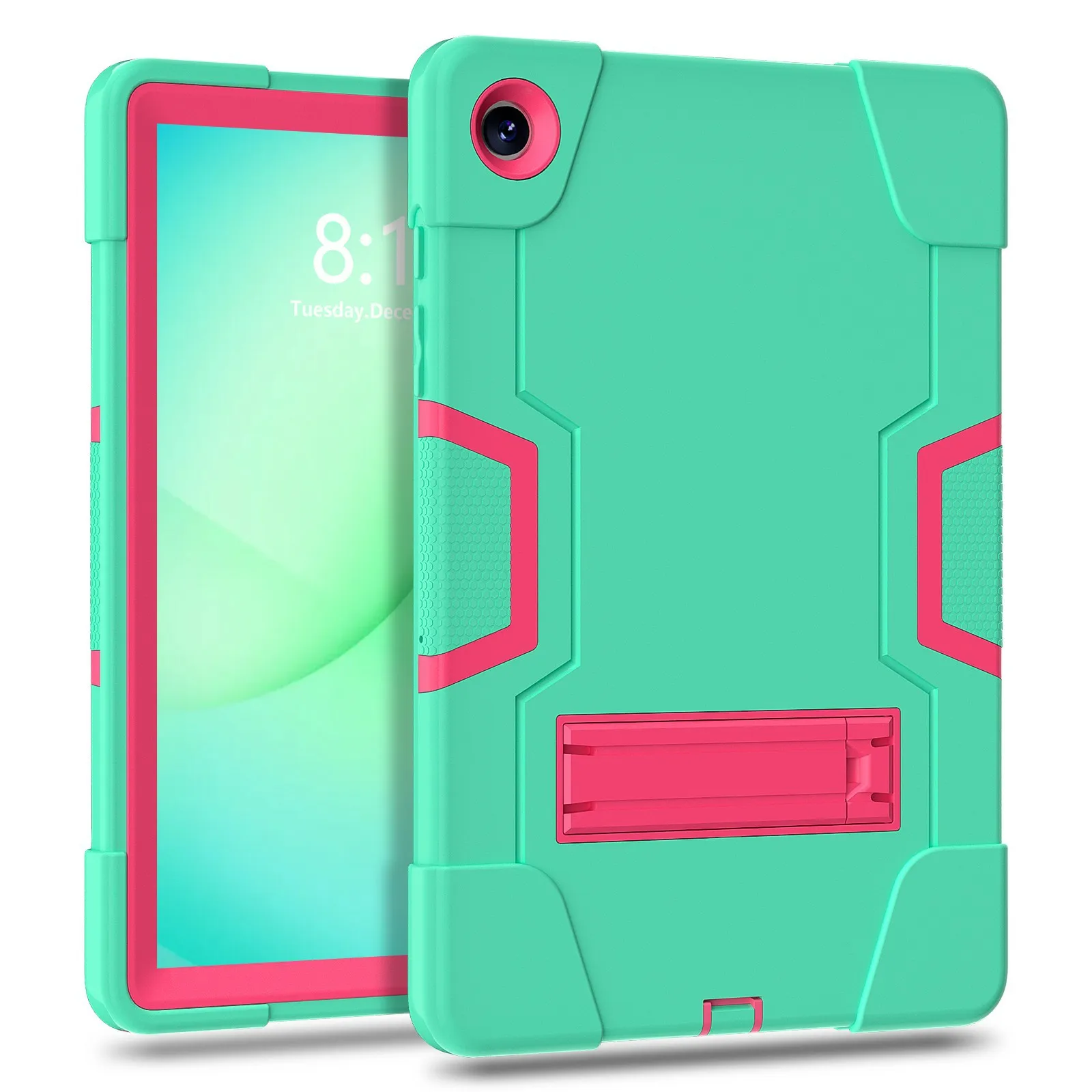 For Samsung Galaxy Tab A11+ Case Robot Style Silicone + PC Tablet Cover with Kickstand - Mint Green  /  Rose