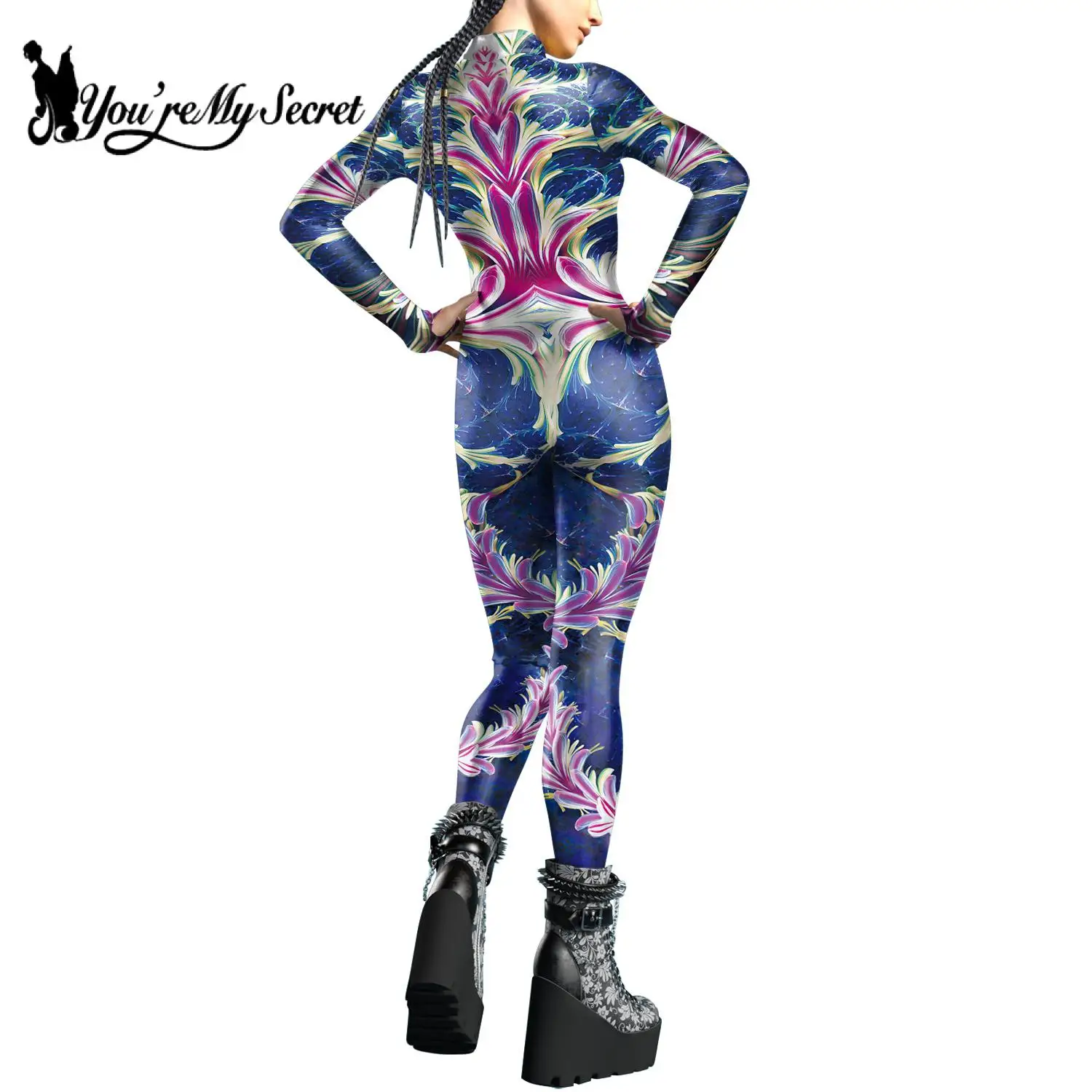 [Je Bent Mijn Geheim] Vrouw Jumpsuits Voorkant Rits Bloemenprint Zentai Bodysuit Halloween Party Cosplay Kostuum Vrouwelijke Outfit