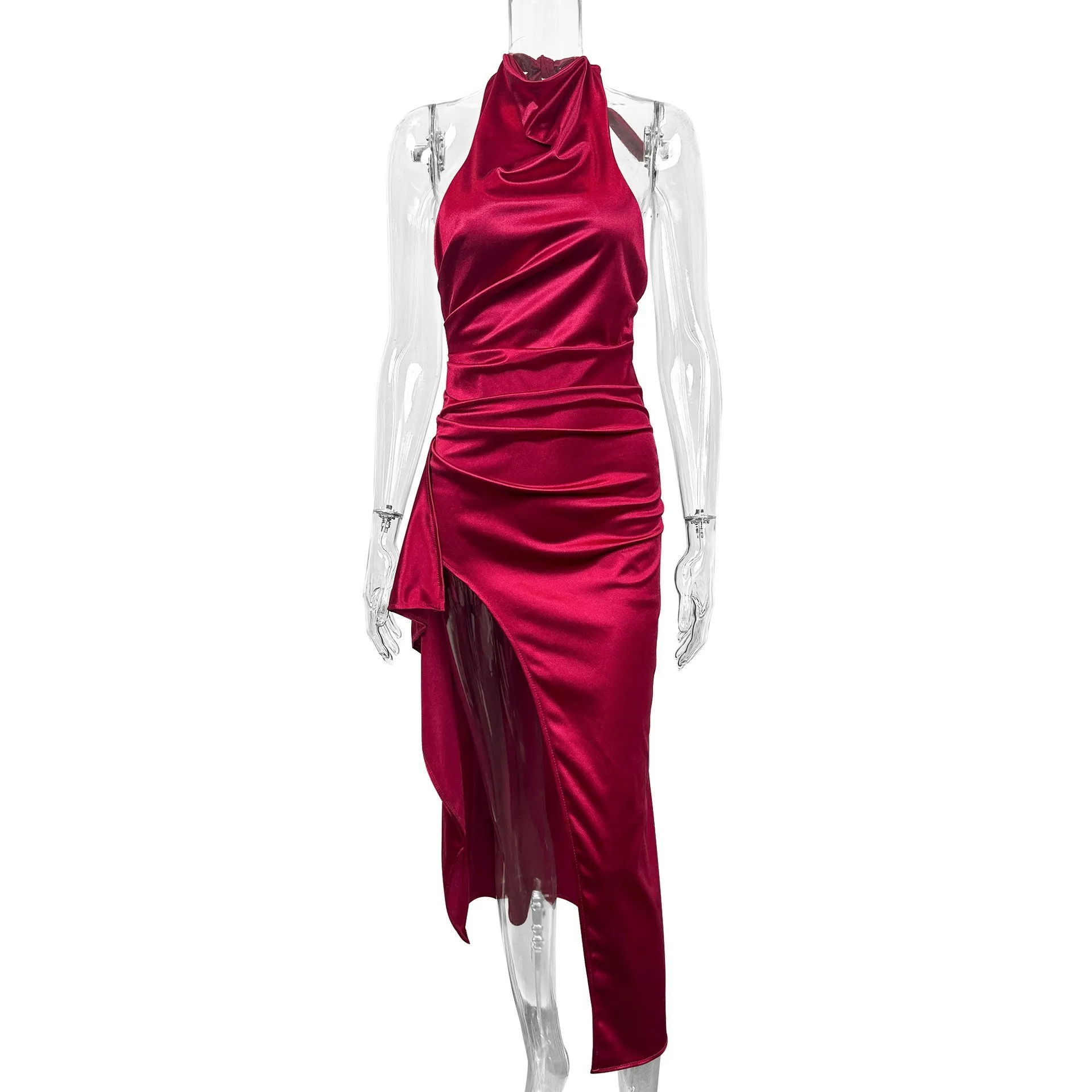 Round Neck Tie Dress Bodycon Western Style with Sleeveless Halter Style Spliced Design Slim Fit Mid Waist Autumn for Women