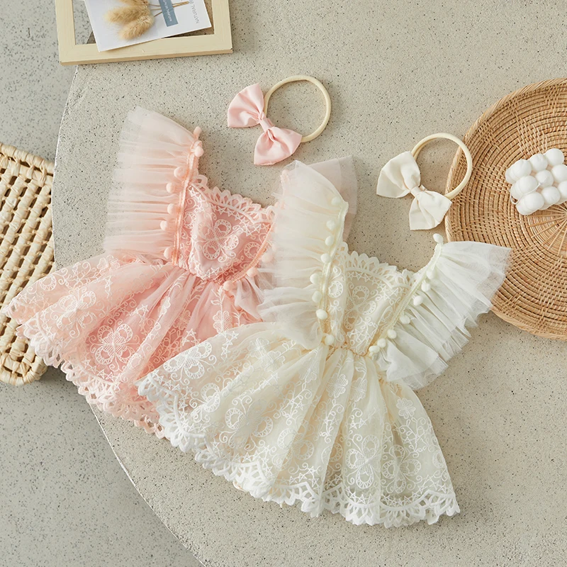 Suefunskry Baby Girl 2Pcs Summer Outfits Ruffle Sleeveless Lace Romper Dress with Headband Set 0-24Months