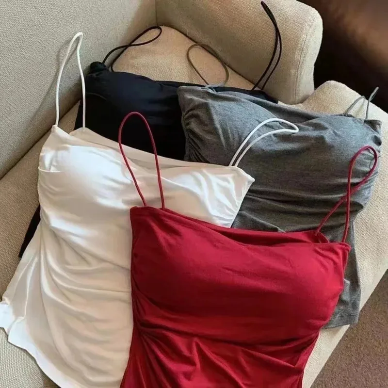 1pc Women'S Sleeveless Pleated Breathable Fit Vest  Hot Girl Short Top With Bra Thin Shoulder Strap Solid Color Fashion Vest