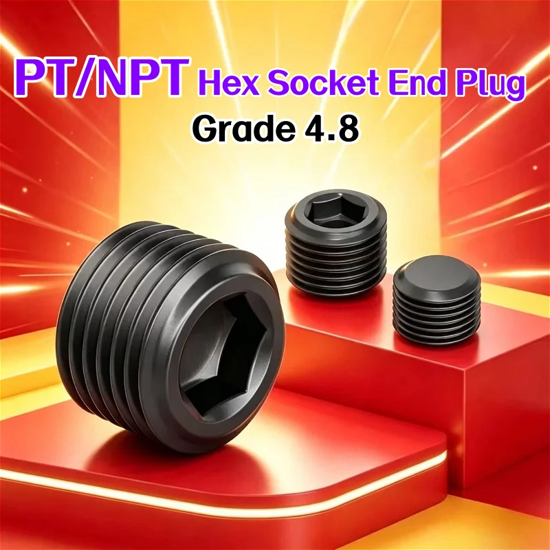 PT NPT 1/16 1/8 1/4 3/8 1/2 3/4 1 1-1/4 1-1/2 2 Grade 4.8 Carbon Steel Black Hex Socket End Plug End Cap Hydraulic Pipe Oil Plug