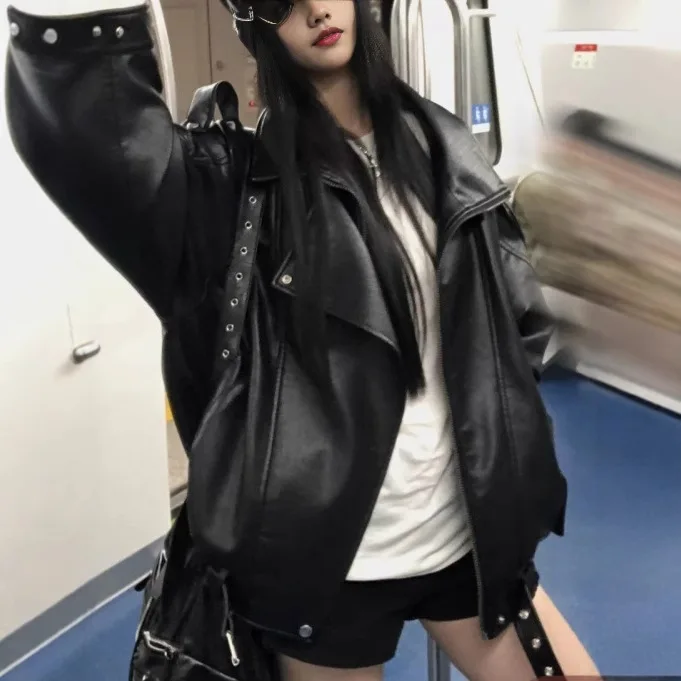 Black Leather Jacket Women's 2025 New Autumn Cool Style Unique Super Good-looking Locomotive Retro Denim Jacket