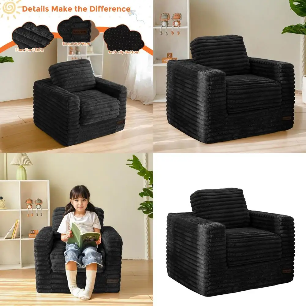 

Cozy Faux Fur Bean Bag Chair, Plush Floor Sofa with Pillows and Armrests, Ideal Lazy Seat for Kids, Black