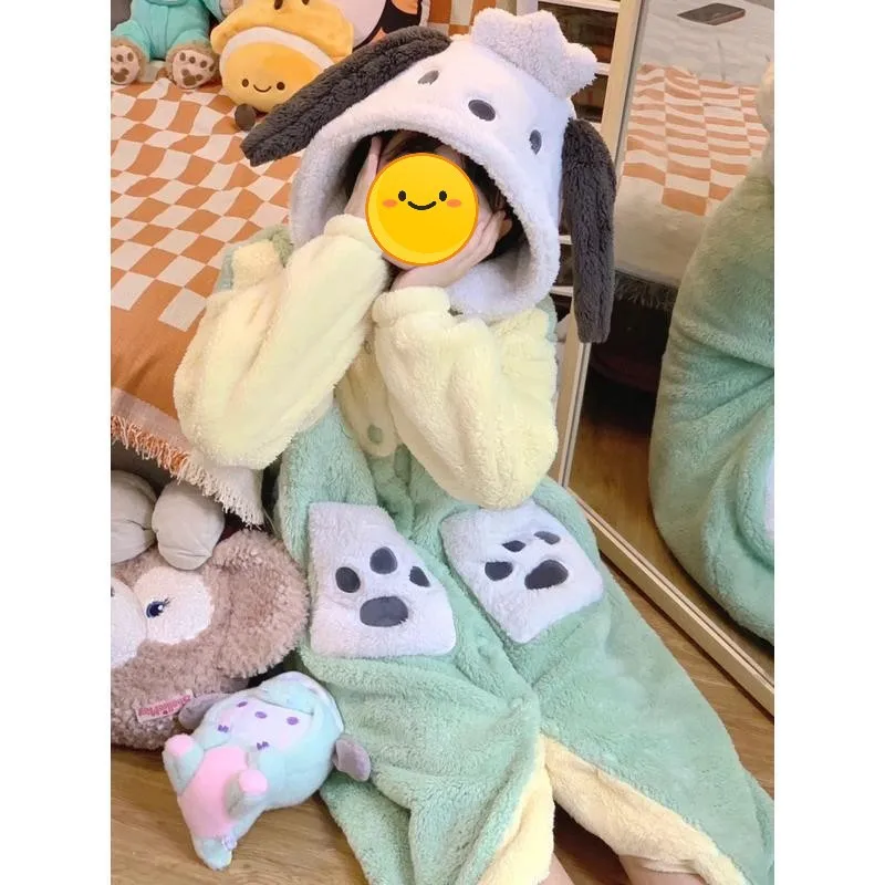 New Anime Pochacco Sanrio Kawaii Plush Pajama New Cute Winter Thickened Flannel Warm Homelike Hooded Bathrobe Set Birthday Gift