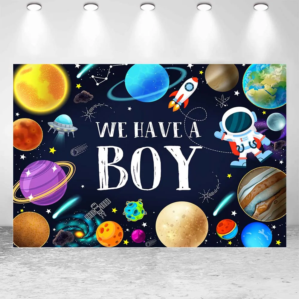 Mocsicka We Have A Boy Baby Shower Backdrop Space Planet Universe Boys Welcome Party Photo Background Decor Banner Newborn Props