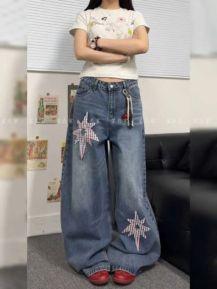

Harajuku Y2K Loose Washed Blue Jeans Women's Streetwear Retro High Waisted Pants High Street Loose Wide Leg Denim Pants Women