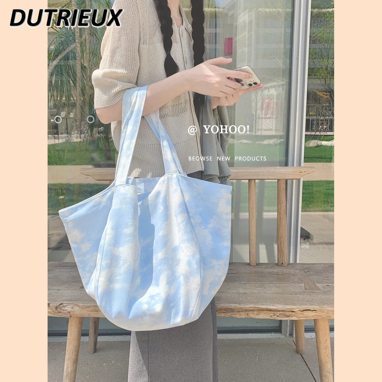 

Japanese Style Casual Schoolbag Blue Sky White Clouds Tie-Dyed Large Capacity Versatile Shoulder Bag Canvas Bags for Women