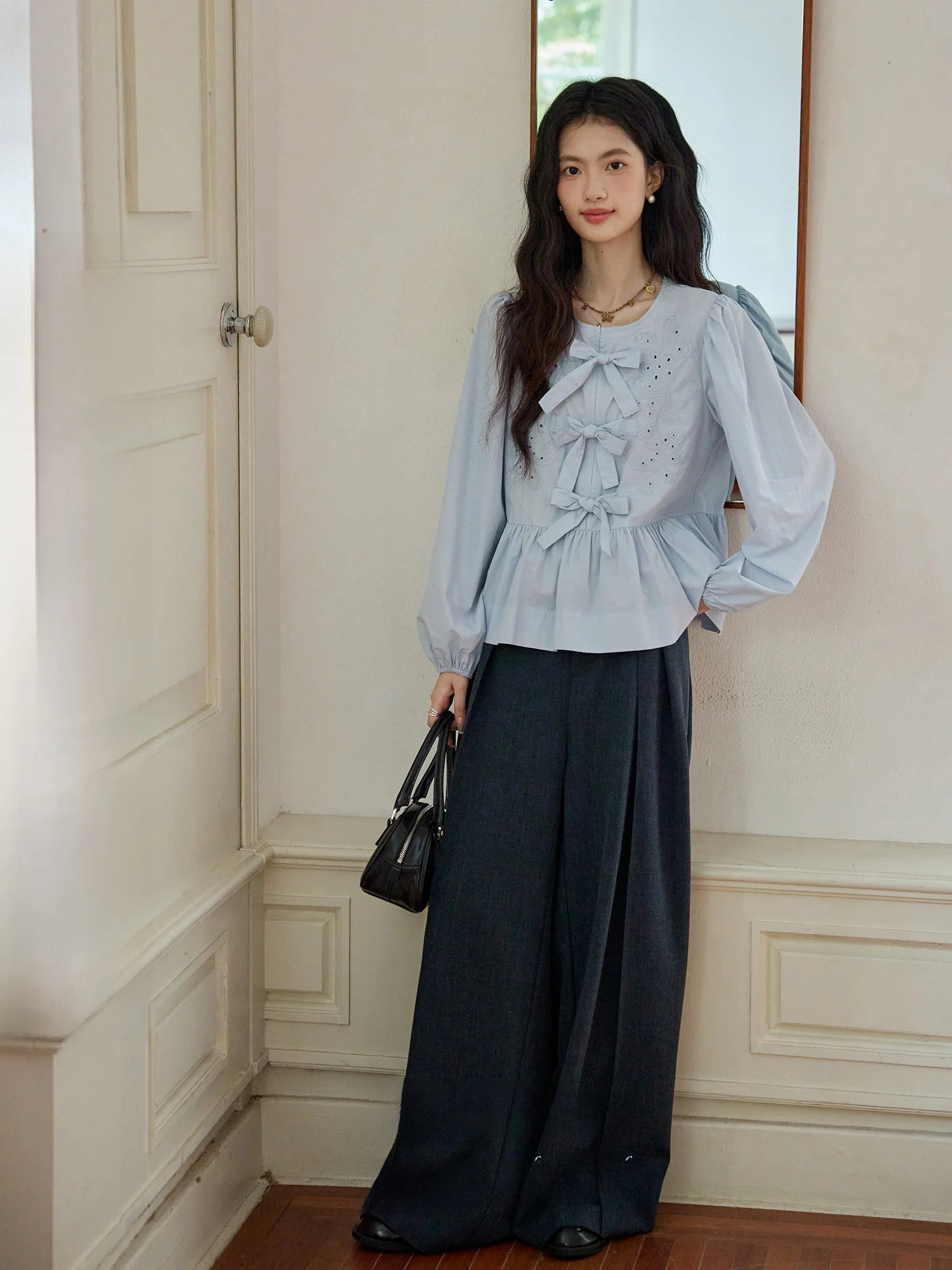 

ORWhite Винтажная женская блузка с вышивкой, сложной отделкой, длинными рукавами, воротником-стойкой с узлом, из хлопка, с рукавами-фонариками и подолом-воланом