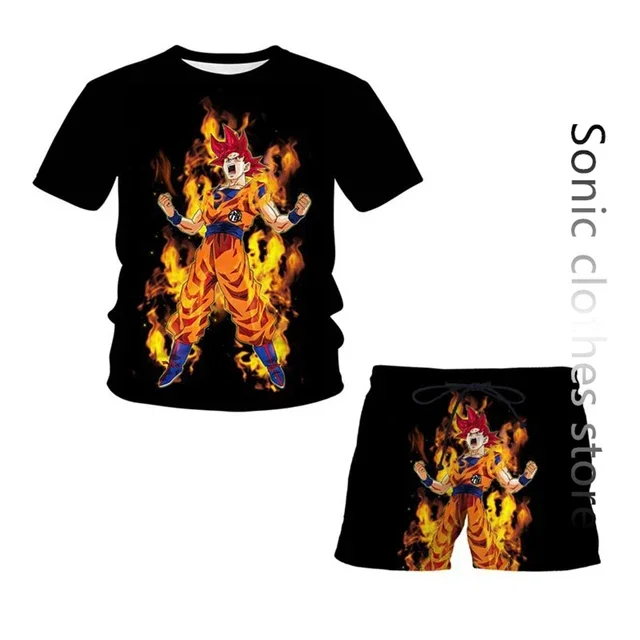 

Anime Dragon Ball Z Tshirt Set Kids Men Women Tops T-shirt Shorts Two-piece Set For Summer Boys T-shirt+shorts Beach Pants