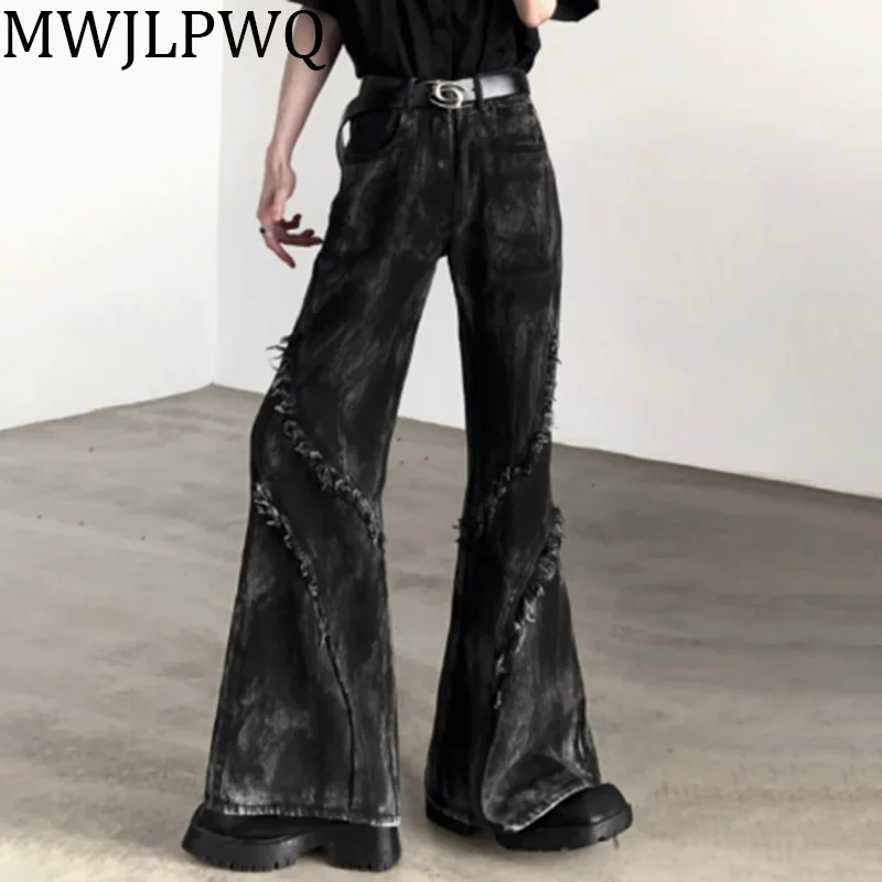

MWJLPWQ Darkly Ro American Retro Flared Jeans Men's High Waist Streetwear Rough Edge Niche Design Full Length Trousers 010765