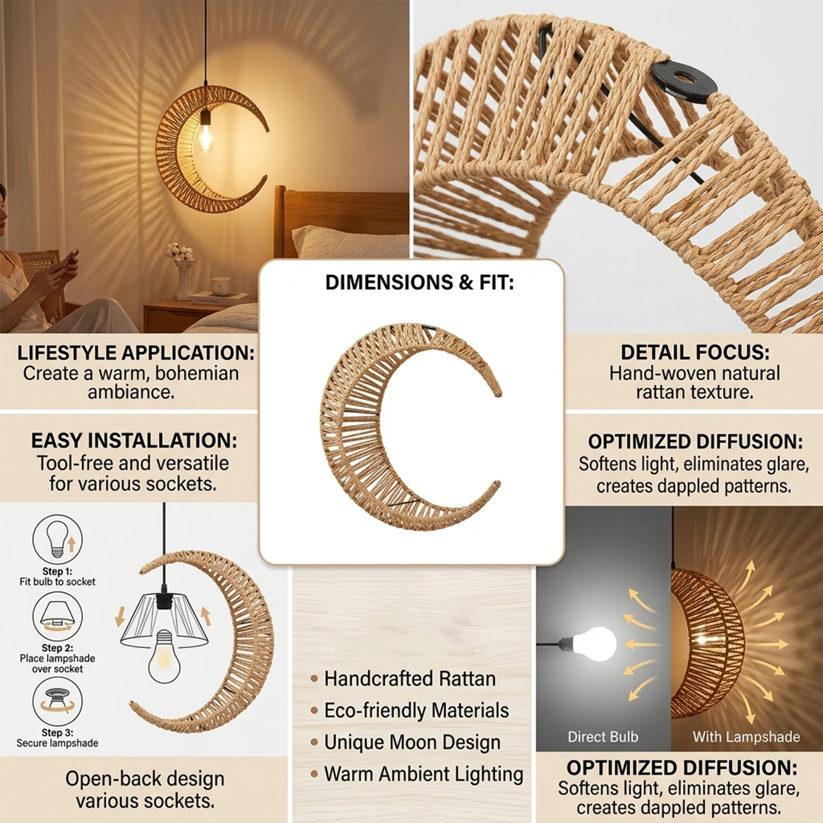 Boho Moon Pendant Light, Hand‑Woven Rattan Wicker Lampshade, Rustic Hanging Ceiling Lamp for Bedroom Living Room, E27