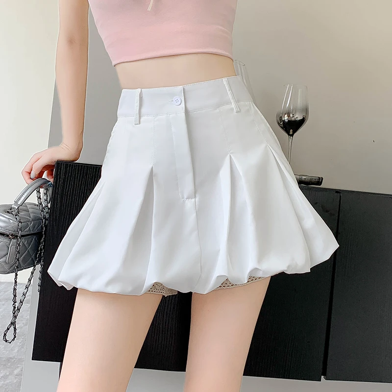 Trend Lace Hollow Out Shorts Elastic Waist Bubble Skirts Skorts Women 2024 New White Black Mini Skirts Zipper-Fly Pocket Skirts