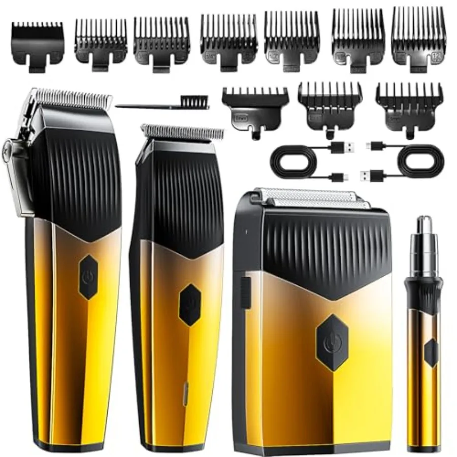 Professional 4 in 1 Hair Clippers for Men with Metal T-Blade LED Display Rechargeable Beard Trimmer Shaver Set Golden Grooming