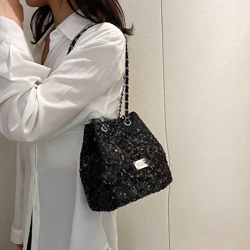 Fashion Women\'s Bucket Shoulder Bag With Sequin Crossbody Bag Evening Party Evening Bags Female Luxury Zipper Crossbody Handbags