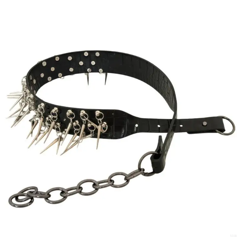 Punk Belt for Men and Women with Hanging Pointed Ornaments and Layered Hardware for Street and Rock Outfits Y08E