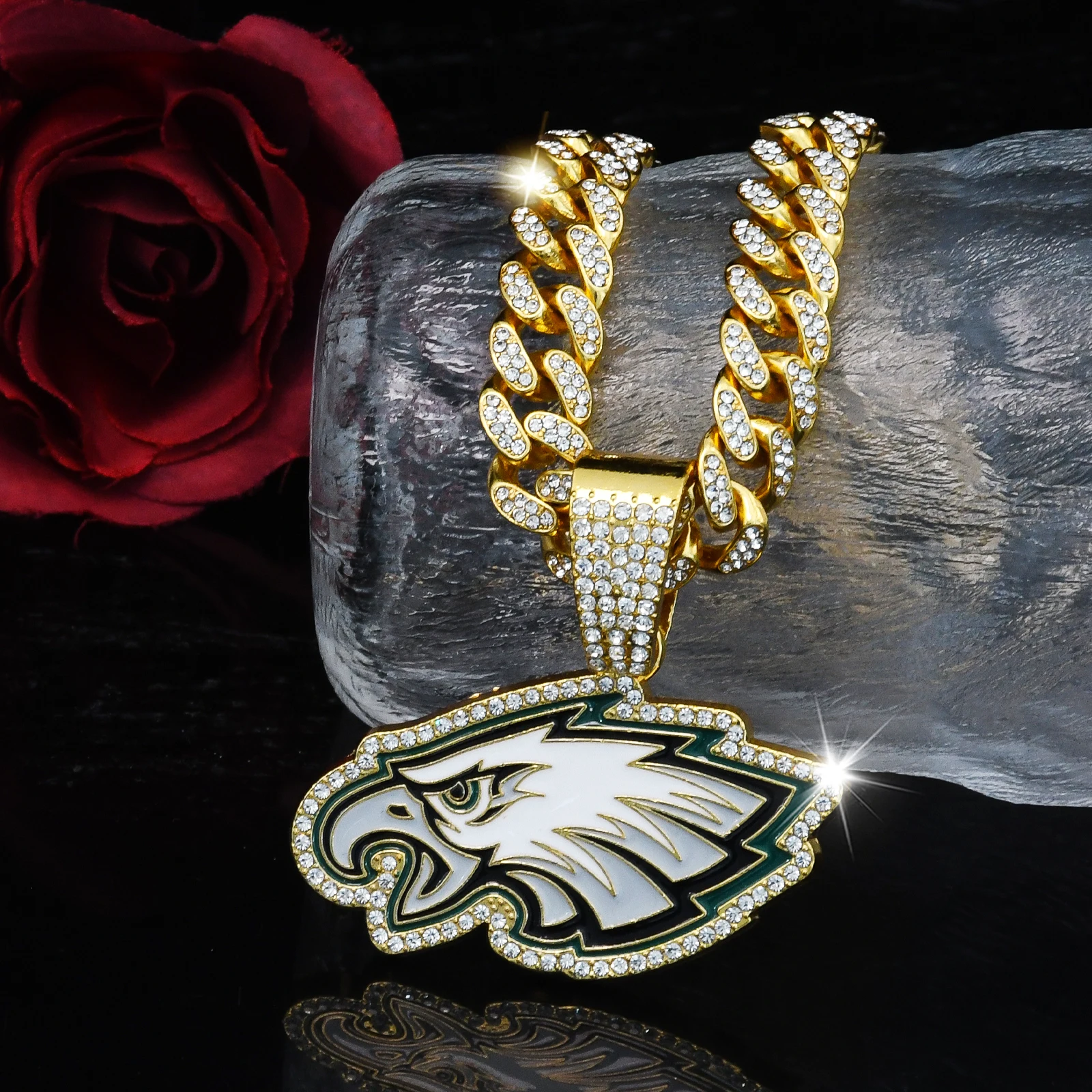 Popular Animal Pendant Eagle Logo Full Rhinestone Icy Cuban Chain Hip Hop Jewelry for Mens