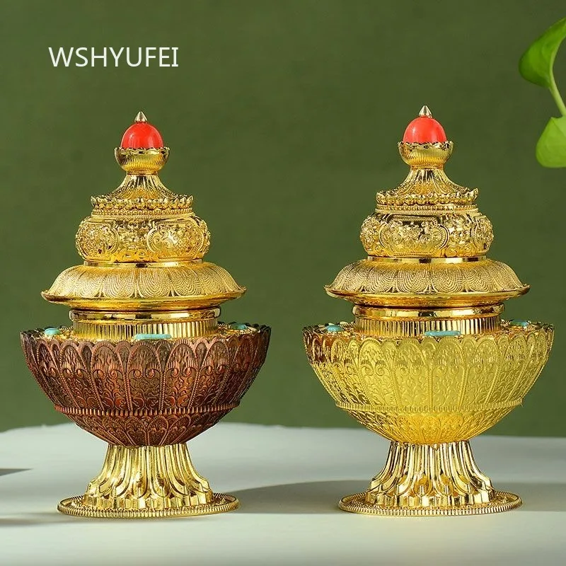 Carved Rice Box Tibetan Rice Bucket Colorful Bead Inlaid Buddha Statue Decoration Buddhist Hall Decoration Alloy Treasure Bottle