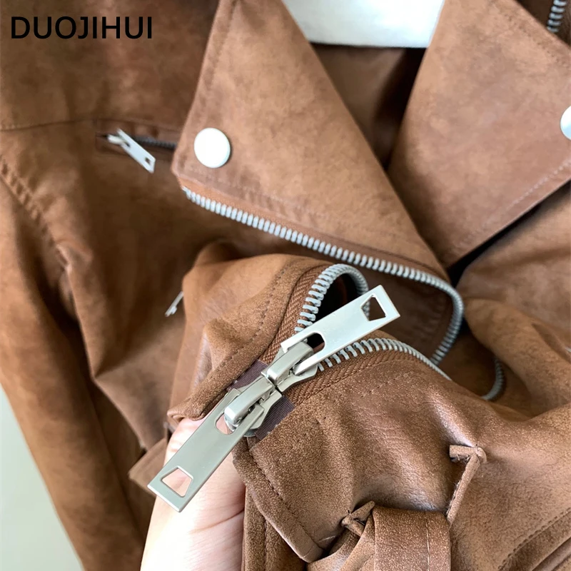 DUOJIHUI Brown Vintage PU Chic Belt Women Jackets American Loose Simple Casual Fashion Zipper Solid Color Winter Female Jackets